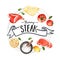 Steak wreath design with meat, tomato, lemon watercolor illustration