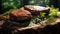 Steaks Grilled Outdoors on a Natural Stone in a Wooded Setting