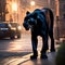 A stealthy black panther with glowing eyes, guarding a city from the shadows1