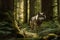 Stealthy Gray Wolf Prowling Through Dense Boreal Forest, Ferns, Moss-Covered Trees, Dappled Sunlight