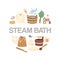 Steam bath accessories circle poster vector illustration. Sauna and bath accessories for steaming healthy procedure in