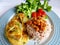 Steam brown rice top up fried dried shrimp with bitter gourd omelette and green lettuce