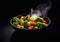 Steam cooked healthy vegetables in bowl plate in kitchen.Macro.AI Generative