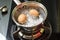 Steam, eggs and boiling water.