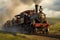 A steam engine train chugs through the scenic rural countryside, with billowing smoke and lush green fields, Traditional steam