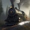 A Steam Engine Train Travels through a Dense, Foggy Pine Forest