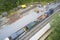 Steam engine victorian train station on vintage railway aerial view from above