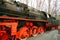 Steam locomotive parked at a terminal station. Historical railroad from 1940