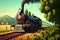 Steam locomotive passes the move, through the vineyard in the spring. Agriculture field. Cartoon picture. generative AI