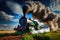 a steam locomotive puffing smoke into the air, surrounded by green fields and blue skies