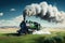a steam locomotive puffing smoke into the air, surrounded by green fields and blue skies