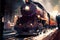 Steam locomotive with railway station abstract. AI generated