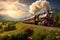 Steam locomotive on the road in the countryside at sunset, 3d render, AI Generated