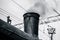 Steam locomotive in steam. Partial view of the boiler and chimney. Smoke comes out of a chimney. Black and white photography of h