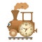 Steam locomotive style table clock for children. Isolated white background.
