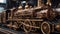 steam locomotive wheels A close-up view of a steampunk train, with copper wheels, brass pipes,