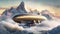 Steam-powered airship and mountains. mystical fantasy artwork. Generative AI