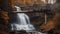 Steam punk waterfall of energy, with a landscape of metal pipes and wires, with a Waterfall in autumn