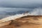 Steam raising up to heavy dark clouds, Hverir area, Iceland