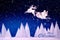 Steam in reindeer and Santa Claus into sled shape flying in snowy landscape. Christmas or New Year celebration concept. Copy space
