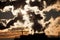 Steam rises from a smokestack on a radiorelay station silhouetted against the sunlight.