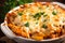 Steam rising from a delicious baked ziti, served in a white ceramic dish with melted cheese on top and sprinkled with fresh herbs