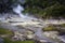 Steam rising from geothermal hot springs in Furnas, Azores