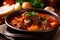 Steam rising from a hot bowl of hearty Goulash, topped with fresh parsley and served with a slice of crusty bread\\\