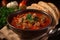 Steam rising from a hot bowl of hearty Goulash, topped with fresh parsley and served with a slice of crusty bread\\\