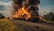 steam train countryside A burning cargo train on fire, exploding, flames, that transports different products along the rail