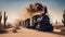 steam train in the desert, a western train that chugs along a dusty desert