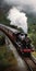 Steam Train Driving Through Mountains In Dark Crimson And Black Style