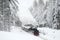 Steam train driving through snowy woods