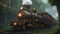 steam train in the forest lightning steampunk train, lush jungle, dazzling lightning bolts, heavy rain, detailed matte painting