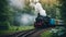 steam train in the forest A steam train engine on a rainy day in the summer. The train is a modern and sleek model,