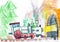 Steam train goes to subway. child\'s drawing.