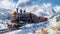 Steam train locomotive chugs through snowy mountain landscape