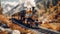 Steam train in the mountains. Generative AI