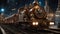 steam train in the night a steampunk, A colorful scene of a steampunk train, with jewels, crystals, and lights, arriving