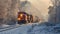 Steam train ride in winter snow travel scene.