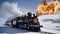steam train in the snow _exploding, A steam train, flames, and fireballs, on a cold and snowy day