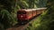 Steam train speeds through forest on railroad track generated by AI