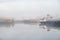 Steamboat moored on the River Clyde and construction activity in background