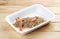 Steamed bulgur. Healthy food. Takeaway food. On a wooden background