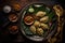 Steamed dumplings with curry on banana leaf, Thai food