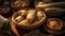 Steamed dumplings in a rustic clay bowl, a homemade snack generated by AI