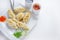 Steamed dumplings and soy sauce. asian dumplings Gyoza potstickers in white ceramic plate served with chopsticks over
