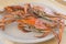 Steamed horse crab or blue crab in white plate on wood table. Seafood