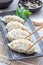 Steamed Korean dumplings Mandu with chicken meat and vegetables