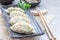 Steamed Korean dumplings Mandu with chicken meat and vegetables